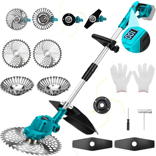 Batteridriven grästrimmer, gräsmattsskärare, röjsåg för Makita 18 V (Inkluderar inte batteri) med 4-i-1 metallblad, ogräsborste, tråd, justerbart huvud, gräsklippare teleskophandtag för gräsklippare