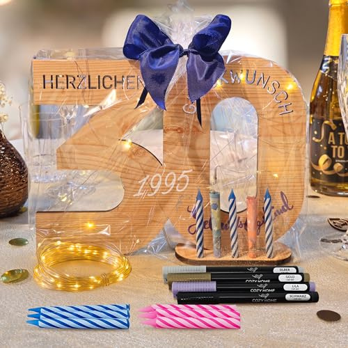 CozyHome, libro degli ospiti in legno, decorazione per il 30° compleanno, con catena luminosa + 6 candele e 4 penne, regalo per 30° compleanno, donna e uomo, regalo di compleanno