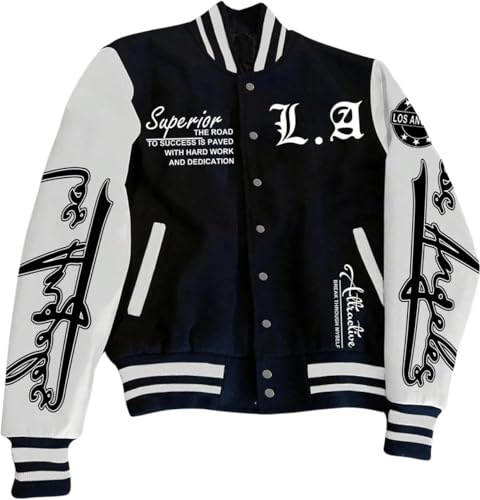 Vagbalena Herren-Baseballjacke im College-Stil für den Frühling Farbblock-Design Monogramm-Aufdruck langärmelig lässige Baseballjacke personalisierte College-Jacke (schwarz,3XL)