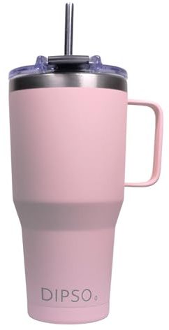 DIPSO Taza Térmica de Acero Inoxidable con Tapa a Rosca Antiderrames y Pajita - Vaso Térmico con Asa Metálica Soldada para Casa, Coche y Oficina - Mantiene Frío y Calor (900 ml Rosa)