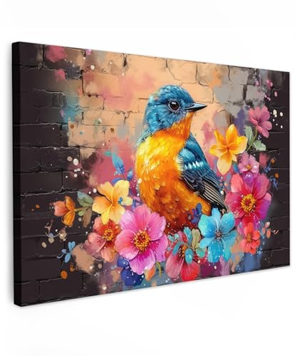 MuchoWow© Bild auf Leinwand Groß XXL Schlafzimmer Bilder Badezimmer Wand | 120x80 cm - Deko Wohnzimmer Modern Wanddeko Bilderwand Geschenk Graffiti - Vogel - Blumen - Straßenkunst