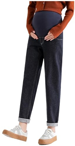 Moderskapsjeans i pappa-stil med justerbart bälte - smala byxor i kort storlek, fickor och komfort för avslappnad graviditet look, Mörkblå, XL