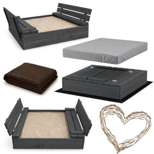 Sandkasten 100x100 cm Imprägniert, Premium Sandbox mit Abdeckung Sitzbänken Deckel Plane Sandkiste Holz Kiefer Sandkastenvlies