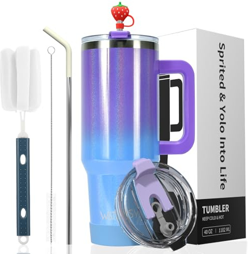 WATERSY 30 cl tumlare med sugrör och lock, resemugg kaffekopp med handtag, rostfritt stål dubbelvägg vakuumisolerad kaffe vattenflaska termisk för kallt varmt kaffe 891 ml glänsande lila blå