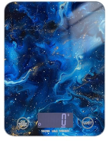 Balance de cuisine numérique en marbre bleu facile à nettoyer 5 kg/5 g avec 4 unités pour cuisson cétogène (piles non incluses)