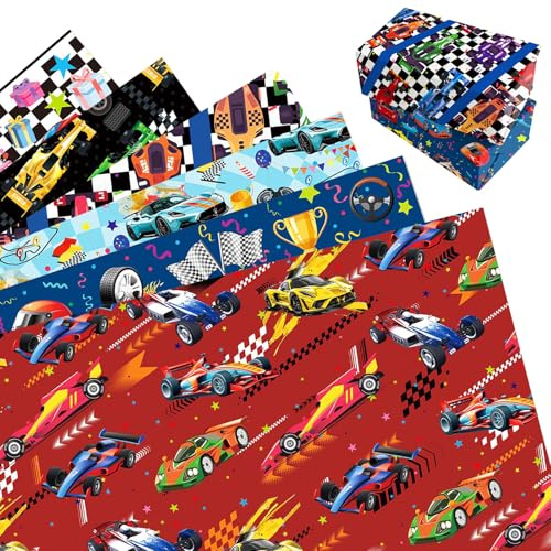 MORAINJAY 12 Fogli Carta Regalo Macchine da Corsa, Carta Regalo Macchine da Corsa per Compleanno Bambini, 6 Motivi, Decorazioni Festa e Confezioni Regalo, 68×50 cm