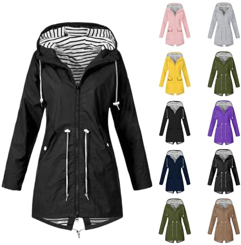 Generico Giacca Antipioggia Donna Lunga con Cappuccio Regolabile e Tasche, Impermeabile Leggero e Pieghevole per Viaggi, Trekking Leggero e Outdoor