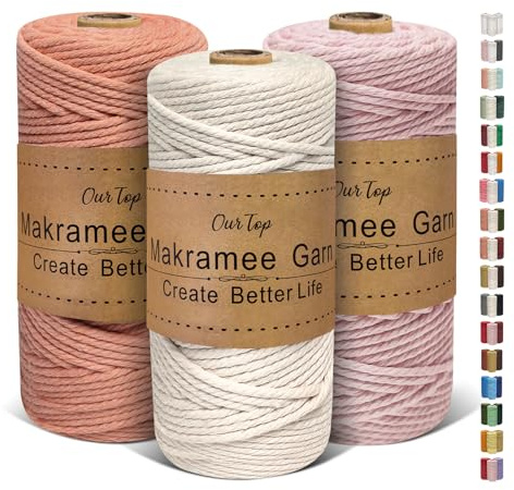 OurTop Set di 3 filati macramè di alta qualità, 3 mm x 100 m, filo macramè per lavori fai da te, decorazione per piante sospese (naturale, rosa scuro, blush)