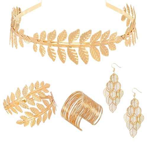 YUSHWENPTY Ensemble de Déesse Grecque Bijoux, Couronne de Laurier, Boucles Pendantes et Bracelet Manchette, Dorés Déesse Grecque Costume Accessoires, pour Mariage, Fête, Soirée ou Cérémonie (Doré-C)
