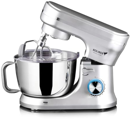 Koliber ROBOMAX X 2400W Küchenmaschine Planetenmischer 4 5L Edelstahlschüssel Knetmaschine schwerer Teig 8 Stufen Pulse Vollmetall Mechanik LED Drehregler FASTLOCK Küchenmixer Silber
