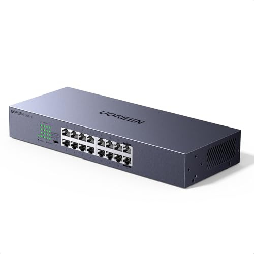 UGREEN Switch Ethernet Gigabit 16 Puertos Montaje en Sobremesa o Pared (con Soportes en L) Hub Red LAN 1000Mbps para Oficina y Hogar Multipuerto RJ45 Compatible con PC TV Impresora Cámara Router