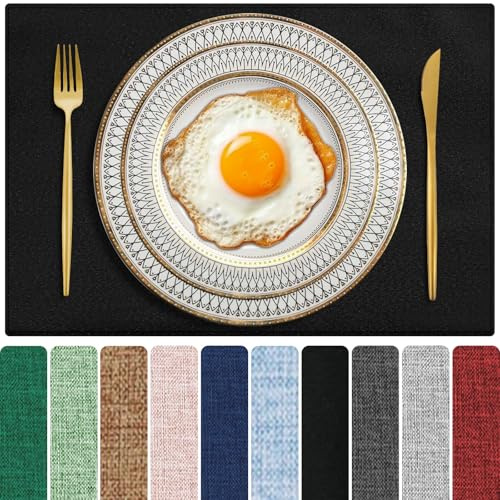 Cloth Placemats Set of 6, Cotton Linen Blend Machine Washable Double Layered Place Mats, Heat Resistant Placemats Wrinkle Free Thick Fabric Dining Table Mats for Indoors & Outdoors (Black, 6)