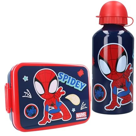 Vadobag Brotdose & Trinkflasche Kinder, Geschenkset Lunchbox mit Alu-Flasche, Pausen Set für Kita Kindergarten Schule (Blau Spidey)