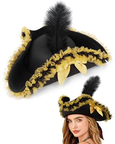 Tanganan Piratenhut Kappe Kostüm, Halloween Wollstil Dreisporn Hut Piratenkappe Verkleidung Kolonial Mittelalter Accessoire Schwarz Rot Gelb für Damen Herren