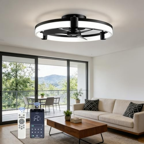 Ceiling Fans with Lights and Remote, 50cm Low Profile LED Ceiling Fan Light, 6 Speeds Dimmable 3000K-6500K, Smart App & Remote Control, Reversible DC Motor for Bedroom Living Room Dining Room, Black