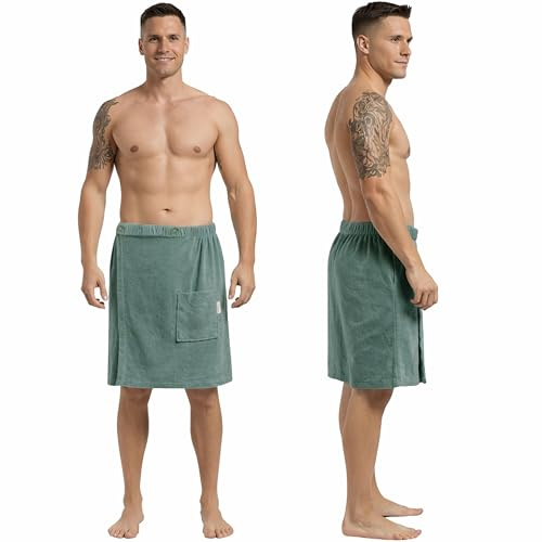 CalmySPA Toalla De Sauna Ligera De Rizo Para Hombre, Falda Escocesa De Algodón Con Goma Elástica Y Botón, Color Verde Jade