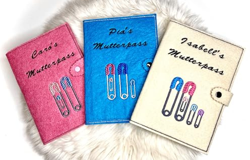 Mutterpasshülle aus Filz mit Sicherheitsnadeln Stickerei, Personalisierbar mit Namen und Spruch, 3 Innenfächer, Druckknopf