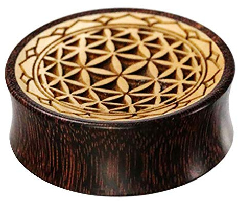 CHICNET Damen Herren Lobe Plug Flesh Tunnel aus dunklem Tamarindenholz und hellem Krokodilholz mit Gravur der Blume des Lebens mit Zacken Rand, Double Flared