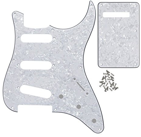 FLEOR 8-Loch-SSS-Schlagbrett und Gitarren-Backplate mit Schraube für den Ersatz von Gitarrenteilen im Vintage-ST -Stil, 4-lagige weiße Perle