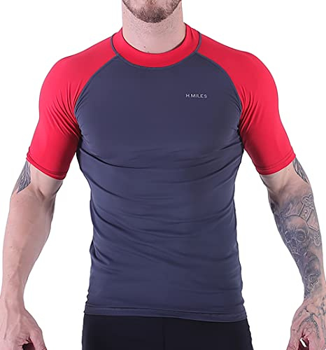 H.MILES Kortärmad rashguard för vuxna män, baslager för simning, snorkling, surfing, toppar, t-shirt för dykning och strand, Asfalt/fuchsia, M