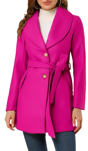 Allegra K Damen Wintermantel Umlegekragen Einreiher Bindegürtel Trenchcoat Lang Mantel Hot Rosa XL