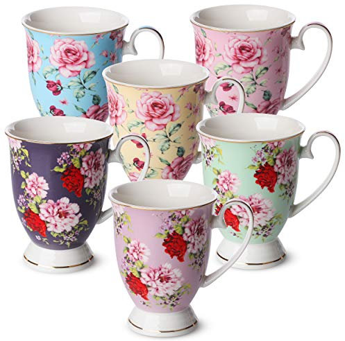 BTaT,Kaffeetassen, 12 Unzen, 6 Stück, Blumen, Porzellan, Knochenporzellan, Teetasse, Kaffeetassen, Kaffeebecher, Set, große Kaffeetassen, Becher für Kaffee, Teetassen , Mutter Tagesgeschenk
