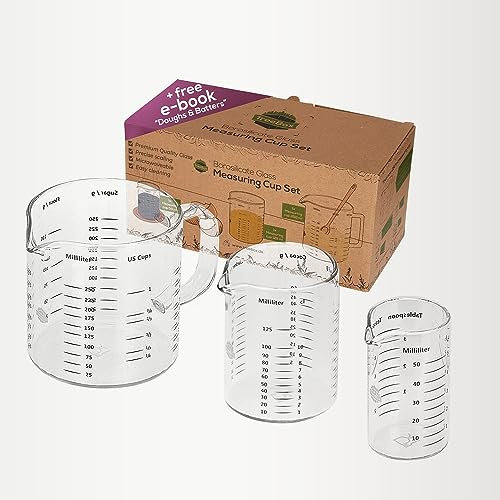 TreeBox Taza medidora de vidrio con pico - 3 piezas - Resistente al calor y apto para microondas – Diferentes unidades de medida - Perfecto para hornear, cocinar y mezclar