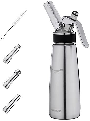 Navaris Whipped Cream Dispenser - Stainless Steel 500ml Handheld Whipping Cream Maker Set with 3 Tips - For Use with N20 Chargers - Dishwasher Safe