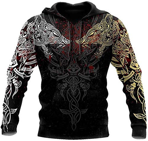 DFWY Vintage Odin Tattoo 3D Bedruckt Wikinger Hoodie, Nordic Mythology Celtic Wolf Rune Pullover, Mode neutrale Langarmstraße Harajuku Sweatshirt Jacke(Hoodie,L)