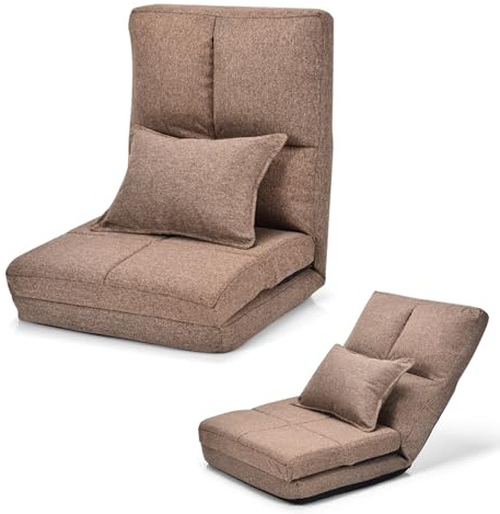 GOPLUS Bodenstuhl, Bodensessel mit 5-Fach Verstellbarer Rückenlehne & Kissen, Bodensofa mit Schlaffunktion, bis 100kg belastbar, Lesesessel Liegestuhl Meditationsstuhl für Wohnzimmer (Kaffeebraun)