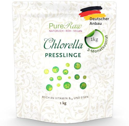 Chlorella-Tabletten aus Deutschland - Regional, Rein & Kontrolliert (Roh Vegan) Chlorella Algen Presslinge reich an VitB12 Eisen Chlorophyll Spermidin - Chlorella Vulgaris Tablets | PureRaw 1000g 1kg