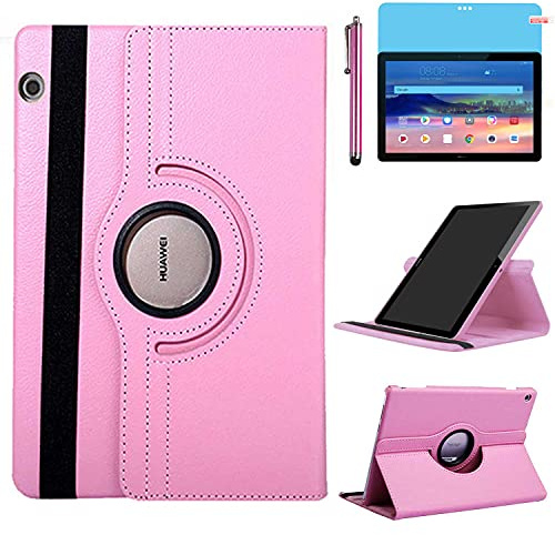 Hülle für Huawei MediaPad T5 10 Tablette 10.1 Zoll (AGS2-W09 AGS2-L09 AGS2-L03), 360 Grad drehbarer Ständer Schutzhülle,Mit Stylus Pen,Bildschirm Film (Pink)