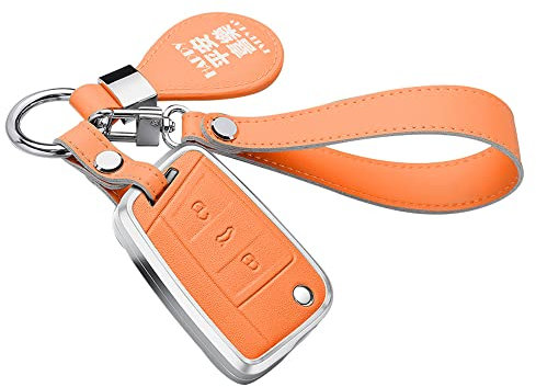ontto Autoschlüssel Hülle Abdeckung Passt für VW Golf 7 MK7 Polo Jetta 4 T-ROC Taigo Skoda Fabia Karoq Octavia Seat Leon Fernbedienung Schlüsselanhänger Leder Metall Schutzhülle Schlüsseletui-Orange