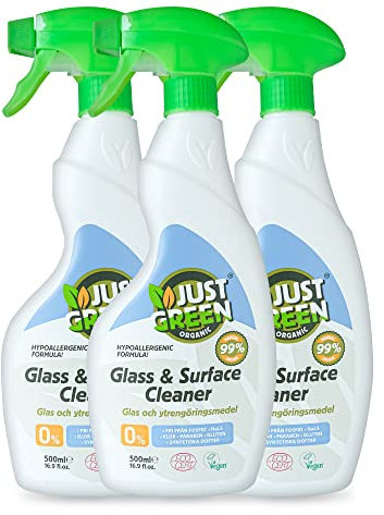 Just Green Organic Glass & Surface Cleaner 500ml | Non-Toxic Formula | Vegan Eco-Friendly | Recyclable Packaging | Pack of 3