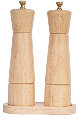 DeroTeno Salt and Pepper Mill Set with Tray, Adjustable Ceramic Grinder Salt Mill, Stainless Steel Grinder Pepper Mill, Rubber Wood, 22 cm Height, Bottom Dia 5.5 cm (Tray is Included
