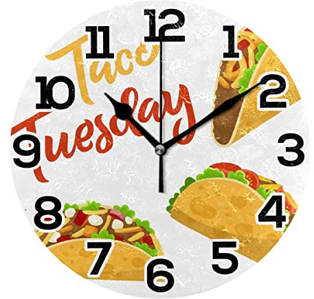 GISPOG Reloj de pared redondo tradicional de Taco Tuesday de 10 pulgadas, silencioso, sin tictac, funciona con pilas, reloj de escritorio para el hogar, oficina, escuela, habitación