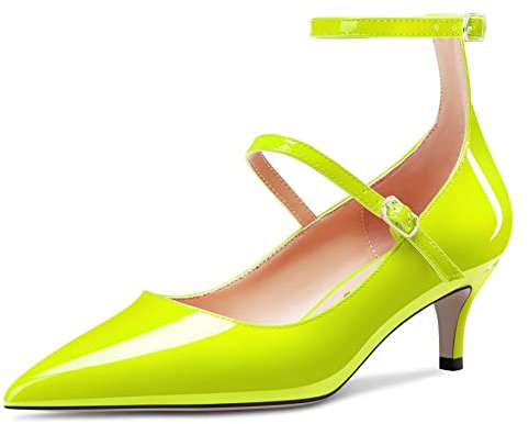 NobleOnly Mujer Medio Heel Correa Tobillo Puntiaguada Punta Pumps Casual Fiesta Oficina Dress Cute Cierre con Hebilla Zapatos 5 CM Heels Verde Lima 36 EU