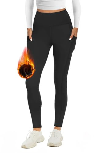 AMIYOYO Thermal Leggings Women with Pockets High Waist Fleece Lined Leggings Warm Winter Fur Yoga Pants Tummy Control Trousers Soft Stretchy Tights Workout Yoga Gym Running
