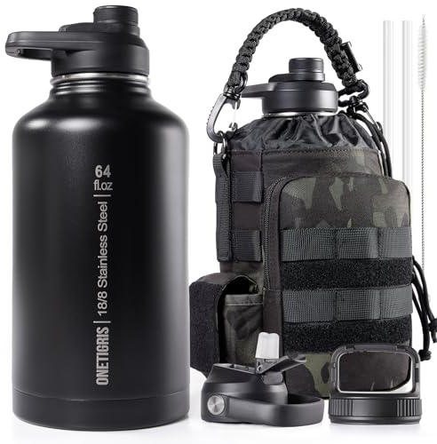 OneTigris Edelstahl Trinkflasche, Wasserflasche 1,9L Hohe Kapazität, Sportflasche mit gute Isolationswirkung für Fahrrad, Camping, Yoga, Gym, Softair, Camo Schwarz, 64OZ