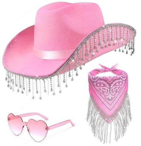 Damen-cowboyhut-Set Bandana Und Herzförmiger Sonnenbrille, Cowgirl-Hut -randbrand-krempe Cowgirl Hut (pink)
