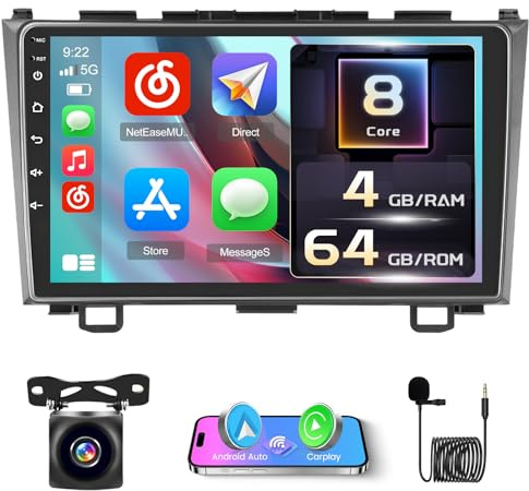 5Ghz WiFi [8Core 4G+64G] Android 15 Radio for Honda CRV 2007-2011 with Carplay Android Auto, 9 Inch HD Touchscreen Car Stereo with GPS WiFi Bluetooth5.0 FM/RDS 32EQ/DSP 59UI SWC Backup Camera MIC