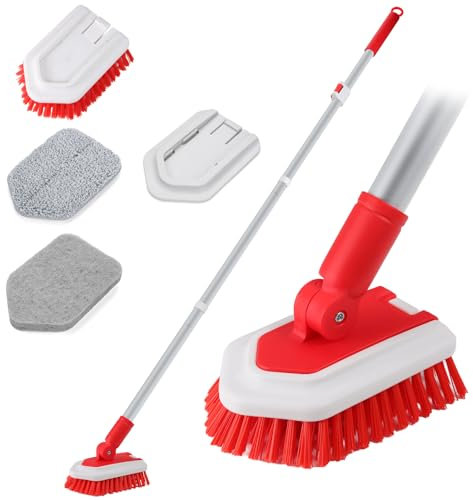 Lalafancy Shower Scrubbing Brush, 3-in-1 Shower Scrubber with Long Handle (128 cm), 3 Detachable Heads Stiff Bristles Scouring Pad Microfiber for Cleaning Bathroom Bathtub Tile Floors Walls