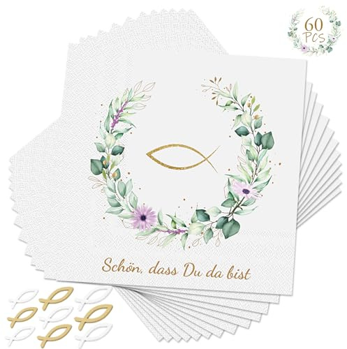 60 Stück Servietten Kommunion Taufe Konfirmation Deko und 90 Stücke Holz Fisch Deko, Taufe Dekos Servietten Grün Eukalyptus Tischdeko Fisch-Tischdekoration Taufe Kommunions für jungen und Mädchen