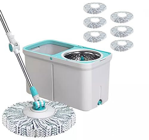 Mocio rotante e secchio con set strizzatoio - per la pulizia del pavimento della cucina di casa - Utilizzo a umido/a secco su legno duro e piastrelle - Secchio per mocio autostrizzante con 7 testine