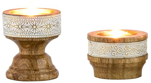 Marrakesch 2er Set Boho Deko Teelichthalter Kerzenständer aus Holz und Metall 7,5cm groß | Vintage Orientalische Kerzenhalter als Wohnzimmer Tischdeko oder Schlafzimmer Zimmer Frühlingsdeko