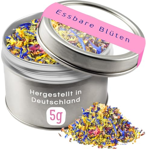 Essbare Blüten 5g Bunter Blütenmix zum Dekorieren Verfeinern | Mit Blüten von Rosen, Ringelblumen, Lavendel, Malven und Kornblumen. MEERBACH & ROSE - Qualität aus Deutschland
