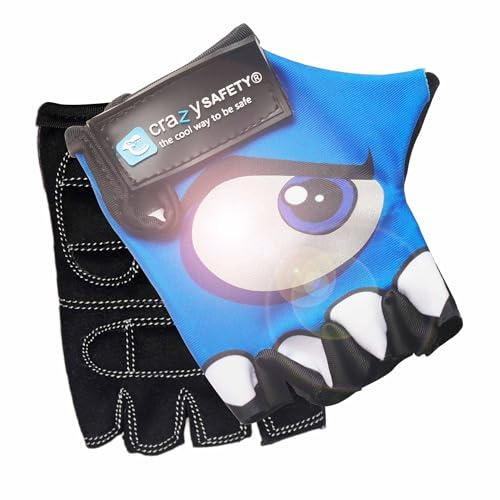Crazy Safety Guanti bici blu bambini | Occhi riflettenti e protezione palmo imbottito | Taglia S | Ideali per ciclismo, monopattini e attività all'aperto