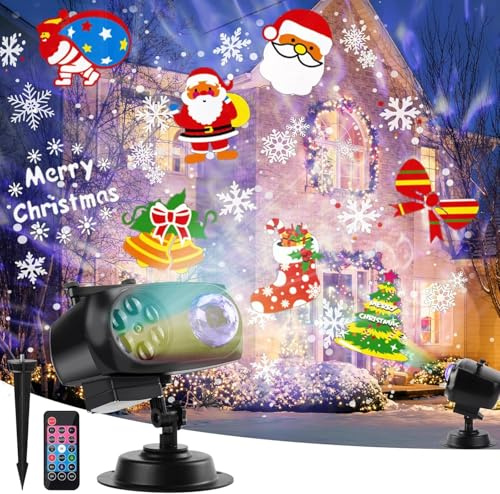 Weihnachten Projektor, Schneeflocken Projektor Lichter mit Fernsteuerung LED Projektionslampe außen Innen mit 14 Schaltbare Muster 10 Farben Wasserwelleneffekt für Weihnachten Neujahr Party Feste