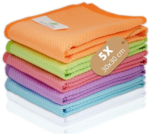 EcoClean - Chiffon Microfibre - Microfibre Alvéolée - sans Traces - Ultra-Absorbant - Réutilisable - Lavable - Antibactérien - pour Voiture/Écran/Cuisine/Salle De Bain - Lot De 5-30x30 cm