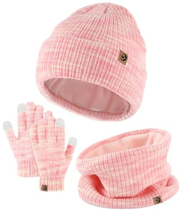 MARUKO Wintermütze Mütze Schal Handschuhe Set für Kinder, Mädchen Jungen Halswärmer Touchscreen Fäustlinge Weiches Fleece Futter Elastisch Sport Outdoor Geschenke für Kinder (Rosa)